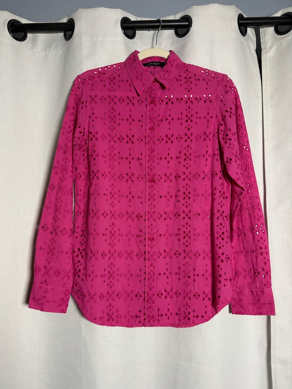 Lauren Ralph Lauren Hot Pink Eyelet Button Up Collared Long Sleeve Shirt Size SP - Picture 5 of 10